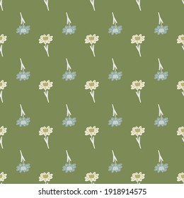 Patrón inmaculado de color vintage con formas de flor azul y blanca impresas. Fondo de oliva verde. Diseño gráfico para envolver texturas de papel y tela. Ilustración vectorial.