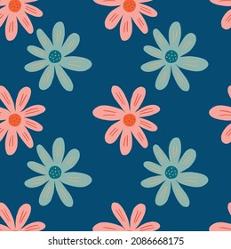 Vintage ditsy seamless pattern on blue background. Cute chamomile print. Floral ornament. Pretty botanical backdrop. Design for fabric , textile print, surface, wrapping, cover. Vector illustration.