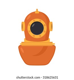 Vintage dive helmet. Od Wetsuit for scuba diving. Copper protective retro helm diver. Vector illustration
