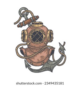 Vintage diver helmet with anchor. Nautical dive helmet with anchor. Design element