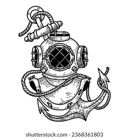 Vintage diver helmet with anchor. Nautical dive helmet with anchor. Design element