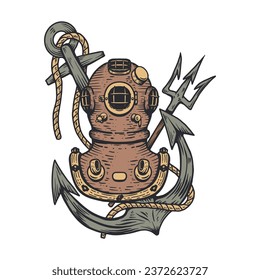 Vintage diver helmet with anchor. Nautical dive helmet with anchor. Design element