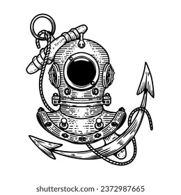 Vintage diver helmet with anchor. Nautical dive helmet with anchor. Design element