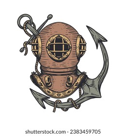 Vintage diver helmet with anchor. Nautical dive helmet with anchor. Design element