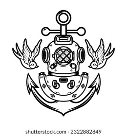 Vintage diver helmet with anchor and swallows. Nautical sailor helmet with anchor. Sailor emblem. Design element