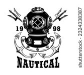 Vintage diver helmet with anchor and tridents. Nautical dive helmet with anchor. Sailor emblem. Design element