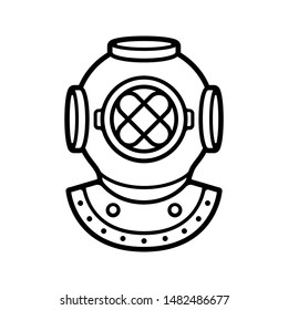 Vintage diver helmet black and white drawing. Retro deep sea diving symbol, isolated vector clip art illustration.