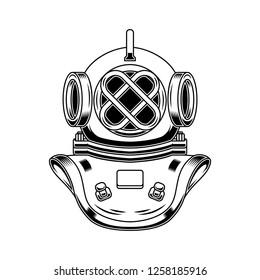 Vintage diver helmet in engraving style. Design element for logo, label, emblem, sign, poster, t shirt. Vector illustration