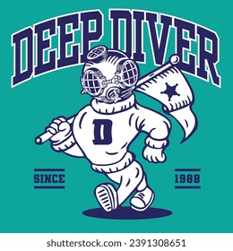 Vintage Diver Helmet Head Mascot Character Design in Sport Vintage Athletic Style Hand Drawn Vector Design