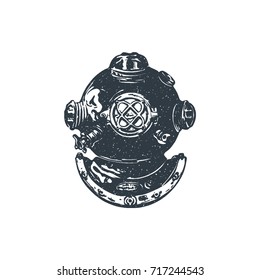 Vintage diver helmet. Ink stamp style. Element for emblem, logo, label or t-shirt design. Vector illustration.