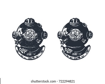 Vintage diver helmet. Ink stamp style. Element for emblem, logo, label or t-shirt design. Vector illustration.