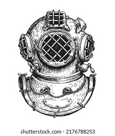Vintage diver helmet sketch  Sea diving concept  Nautical vector illustration drawn in old engraving style