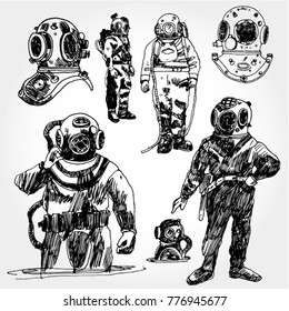 Vintage Diver Illustration Hand Drawn