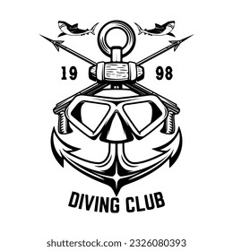 Vintage diver mask with anchor and sharks. Nautical sailor helmet with anchor. Sailor emblem. Design element