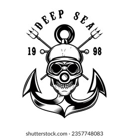 Vintage diver skull with anchor and tridents. Nautical sailor skull with anchor. Sailor emblem. Design element