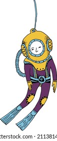 buceador vintage en el espacio. diseño de vector plano