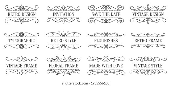 Conjunto de marcos de texto divisor de vintage. Borde de línea negra retro. Elemento gráfico de viñeta abstracta. Ornate floral elegante plantilla de diseño de patrones para invitación a boda, tarjeta de saludo, etiqueta, menú de restaurante