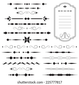 Vintage dividers and ornaments, calligraphic design elements and page decoration, retro style set, black isolated on white background, vector illustration.