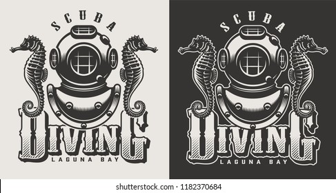 Vintage diving center monochrome logotypes with mask and snorkel isolated vector illustration