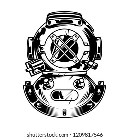 Vintage diving helmet concept in monochrome style isolated vector illustration