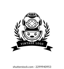Vintage diving helmet, of a scuba diver vector template silhouette and classy looking design
