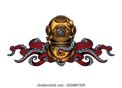 Vintage diving helmet with tentacles. Colorful hand drawn vector illustration in engraving technique of "Mark V" diving helmet and tentacles of an octopus isolated on white and black background.  