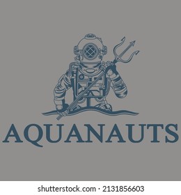 Vintage diving helmet vector aquanauts with poseidon trident in hands. Aquanauts alphabets 