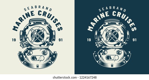 Vintage diving label concept with diver helmet in monochrome style isolated vector illustration