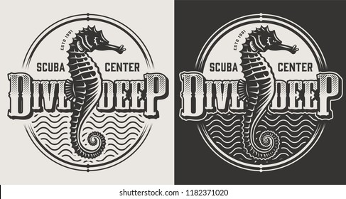 Vintage diving labels with seahorses and dive helmet in monochrome style isolated vector illustration