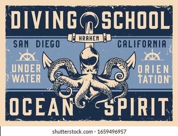 Cartel horizontal de la escuela de buceo con letras pulpo y ilustración vectorial de anclaje de buque