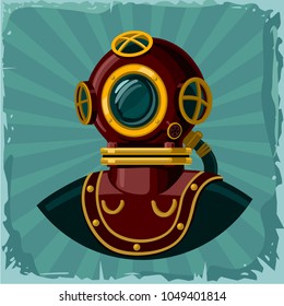 Vintage diving suit helmet. Retro scuba diving. Cartoon color illustration on grunge background.