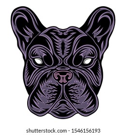 Vintage Dog French bulldog face. Heading vintage style Isolated on a white background. Design element for logo, badge, tattoo, t-shirt, banner, poster.