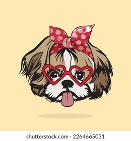 Vintage dog head with heart shaped glasses and bandana on head