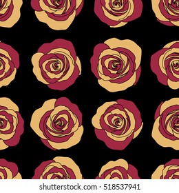 Vintage dog rose pattern. Flower background. Abstract red and yellow roses sketch. Flower card with dog rose. Hand drawn background with dogrose flowers. Flower seamless pattern. Wild rose design.