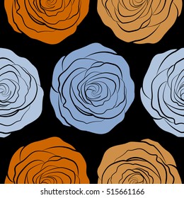 Vintage dog rose pattern. Hand drawn background with dogrose flowers. Wild rose design. Flower background. Flower seamless pattern. Abstract neutral, blue and orange roses sketch.