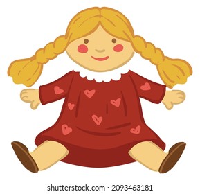 Vintage doll with blonde hair and hairstyle, isolated fabric toy with dress. Childhood recreation and entertainment, textile plaything for girls. Cute character cuddling. Vector in flat style