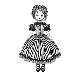 Vintage Doll In Dress Sketch Hand Drawn Vector Illustration.