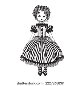 Vintage doll in dress sketch hand drawn Vector illustration.