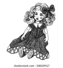 Vintage doll. Vector black and white illustration. Sketch