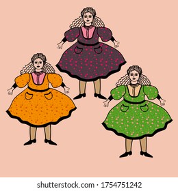 Vintage dolls in colorful dresses set vector illustration for your design