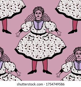 Vintage dolls in light dresses vector seamless pattern for decoration, wrapping paper and textile.