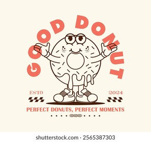 Vintage donut cartoon character graphic design, perfect for t-shirts, graphic tees, posters, stickers, and merchandise. Retro style with a playful and fun vibe