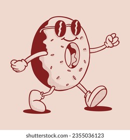 vintage donut cartoon character. Hand drawing retro donut food character