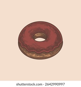 Vintage Donut Illustration, Chocolate Frosted Doughnut Drawing, Hand Drawn Pastry Sketch