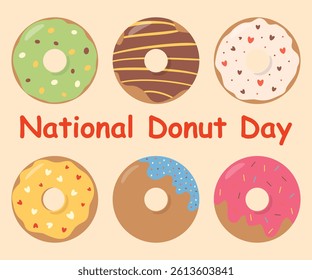Vintage Donut Poster. National Donut Day promotional flyer. Flat cartoon illustration of variety donuts. Perfect for poster, leaflet, cover, coupon, web design