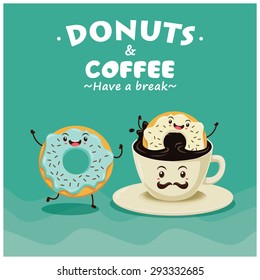 Vintage donuts & coffee cartoon character poster design