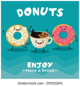 Vintage donuts & coffee cartoon character poster design