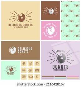vintage donuts logo with seamless pattern and mockup