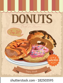 Vintage donuts poster with label. Retro style. Set of donuts.