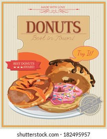 Vintage Donuts Poster. Vector illustration. Menu in retro style.